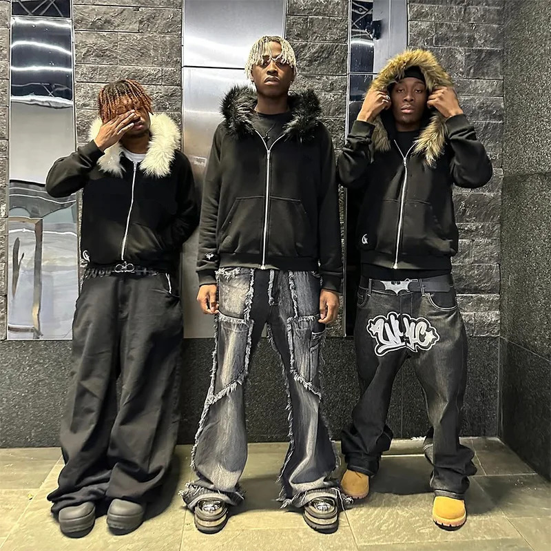 2025 Autumn/Winter Y2k Sweatshirts Harajuku Artificial Fur Collar Hoodie Clothing Pattern Hip Hop Punk Gothic Zipper Hoodie 250828
