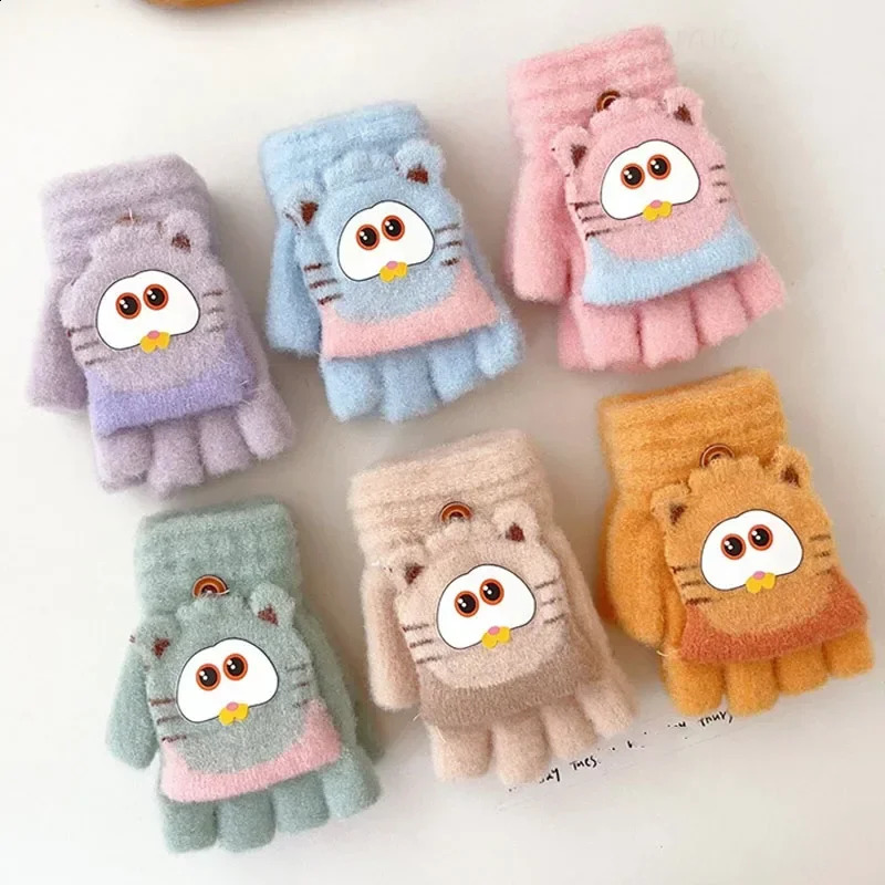 Cute Children Half Finger Gloves Autumn Winter Flip Cover Warm Boy Girl Student Mittens Cartoon Kids Writing Cycling Gloves 48Y250828