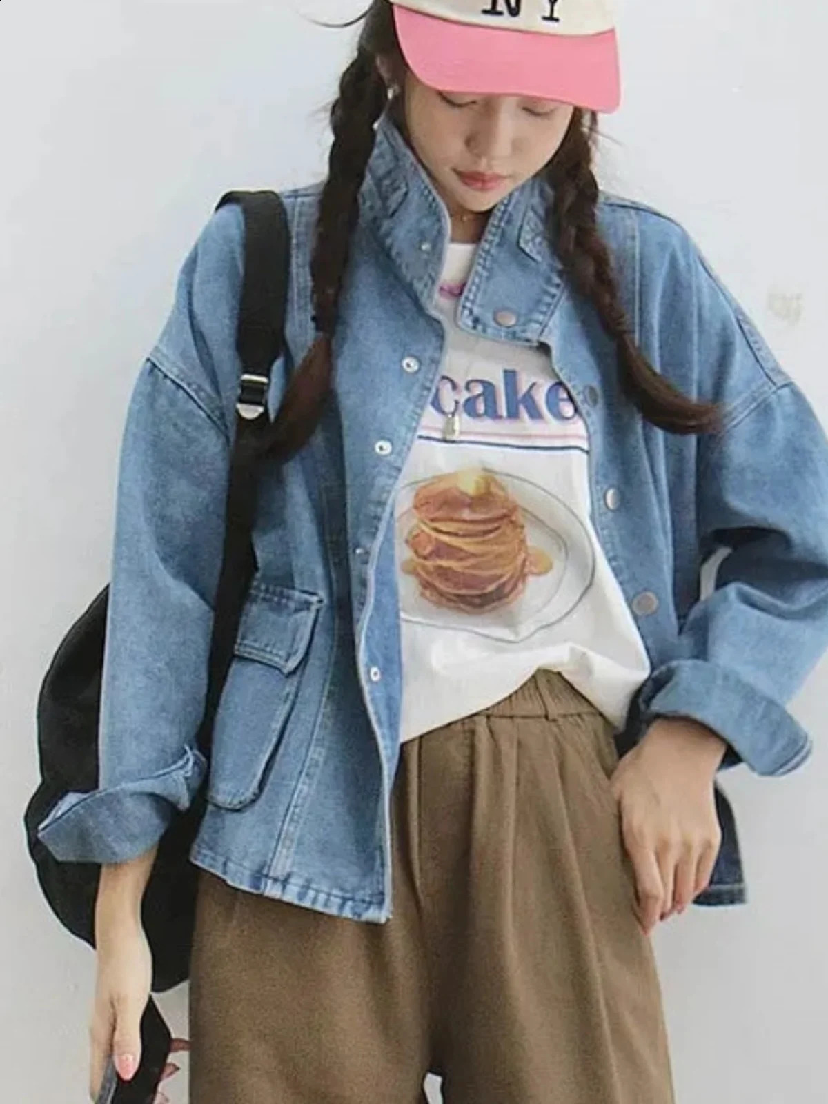Retro Korean Sle Casual Loose Long Sve Collar Denim Jaet with Big kets for Women Autumn Faion Trend 250828