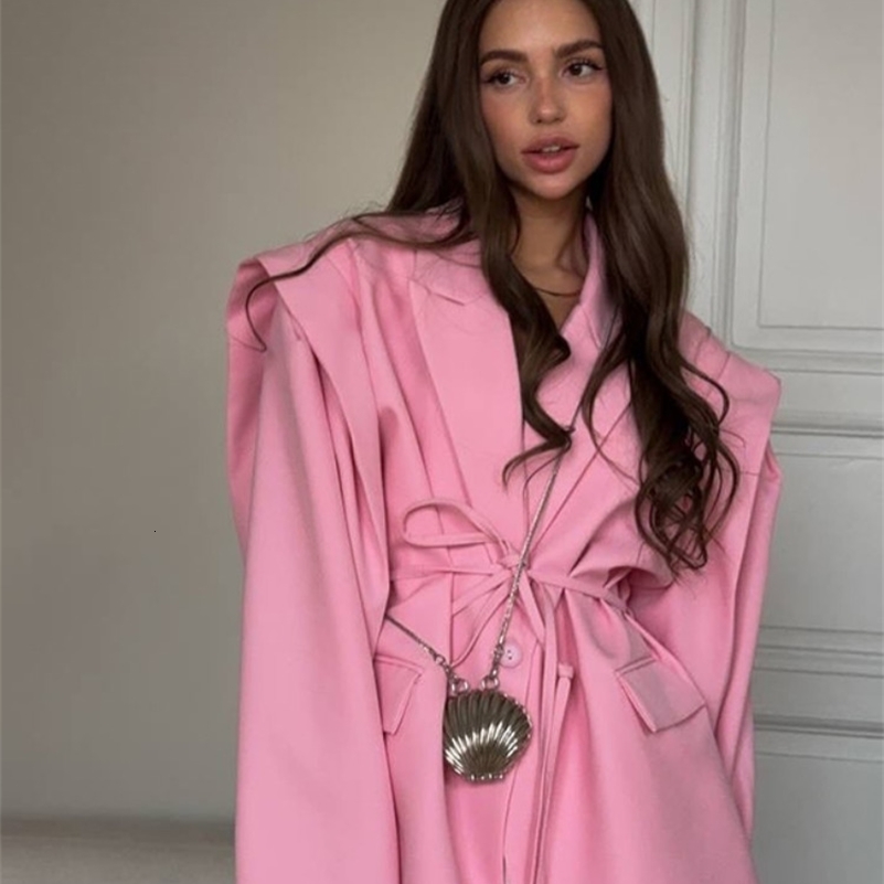 Street Lace Up Womens Blazer Yellow Long Sleeve Lapel Single Button Suit Jacket 2025 Spring Summer Lady Loose Casual Outwear 250828