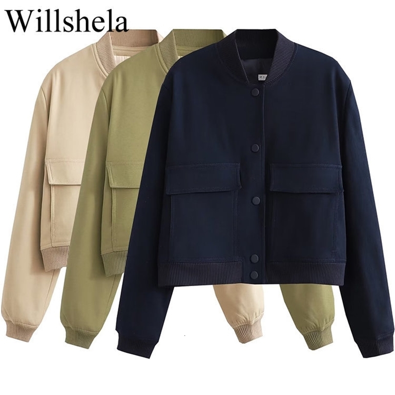 Willshela Women Fashion Solid Bomber Jackets Coat With Pockets VNeck Single Breasted Long Sleeves Female Chic Lady Outfits250828