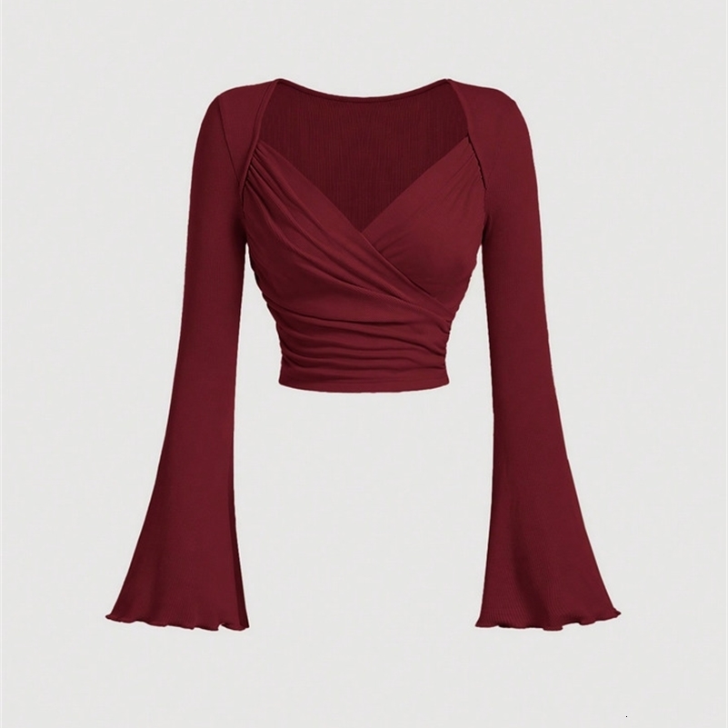 Womens casual slim solid color large Vneck short flared cuff long sleeve Tshirt y250828