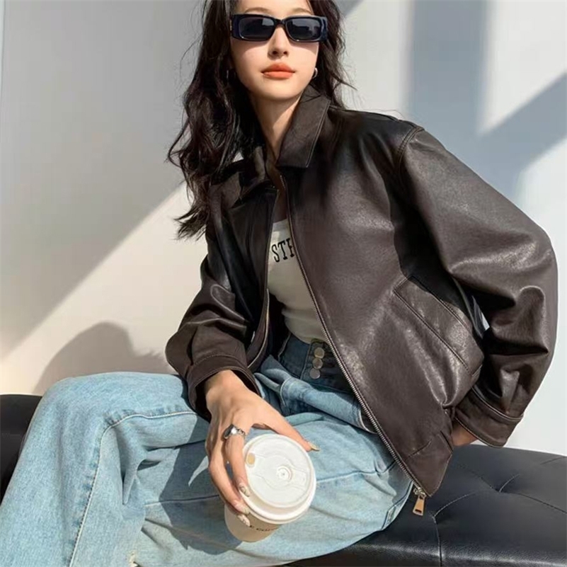 Women Leather Clothing 2025 Genuine Sheepskin Square Collar Elastic Waist Bomber Jackets Female Brown Black Veste Streetwear y250828