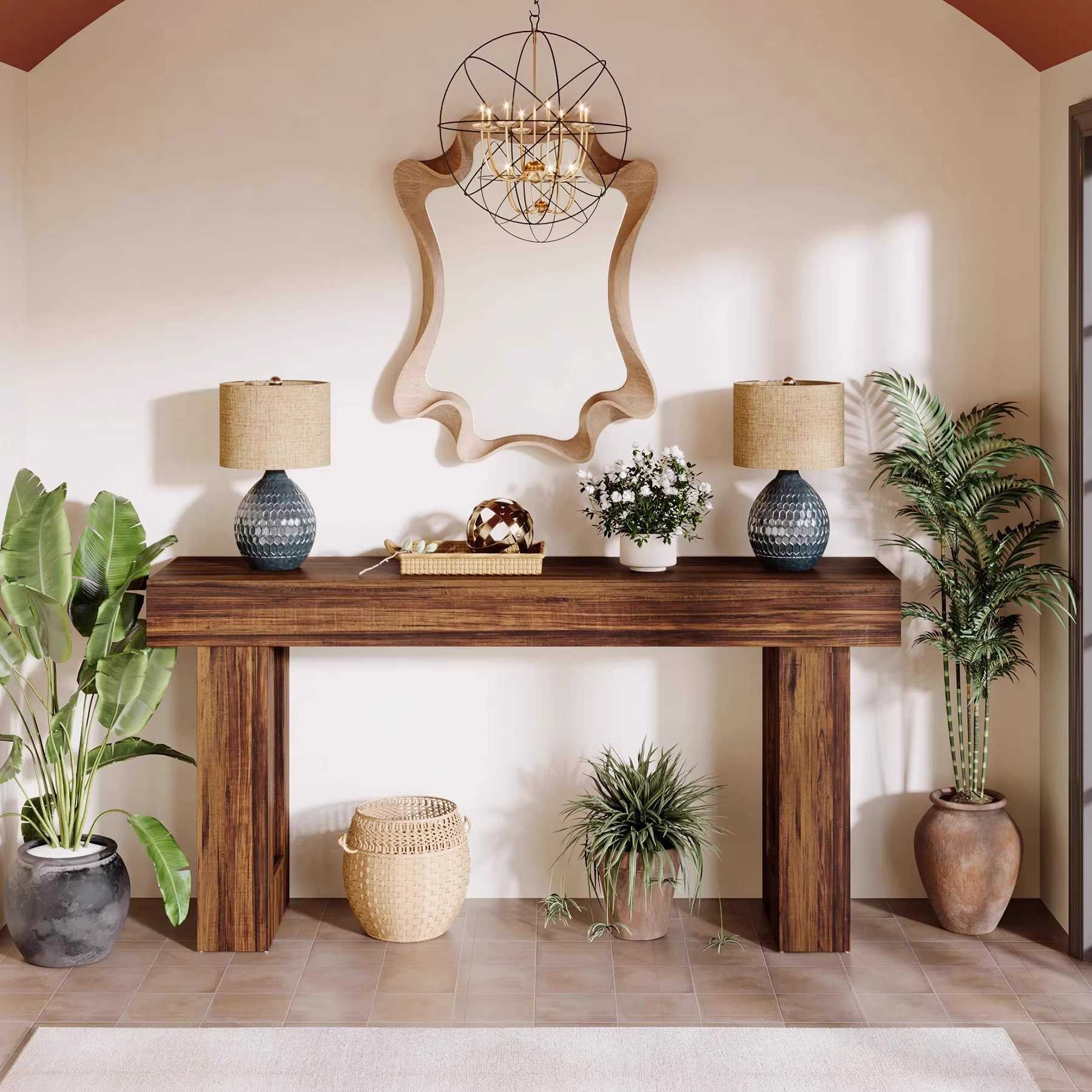 American-style vintage solid wood entrance table, Wabi-Sabi style entrance wall-mounted corner table, modern luxury hotel and guesthouse decorati-image-1064330829