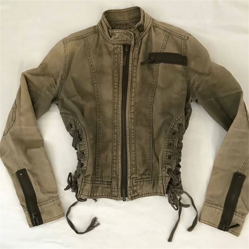 Y2K Retro Army Green Zipper Jacket Women Harajuku Sexy Slim Fit Denim Jacket Autumn Winter Short Stand Collar Coat Goth Clothing 250828