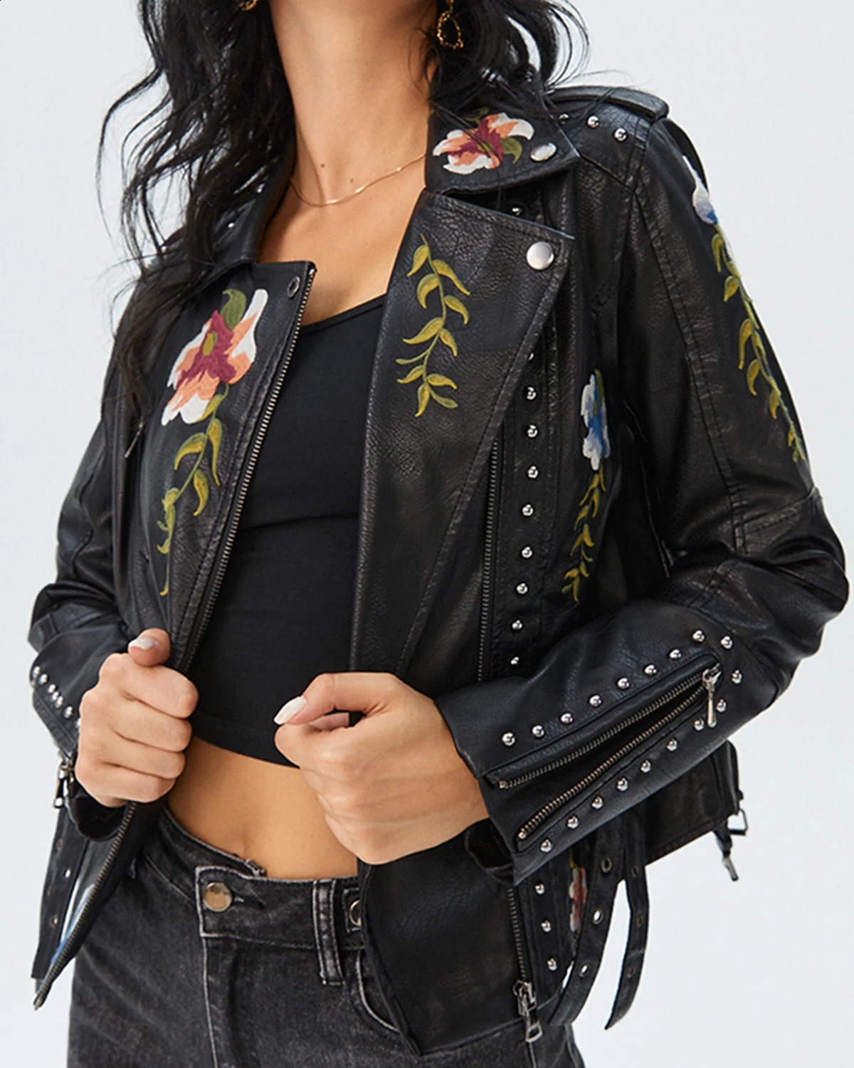Womens Floral Embroidered Faux Leather Moto PU Jacket Biker Bomber Coat 250828