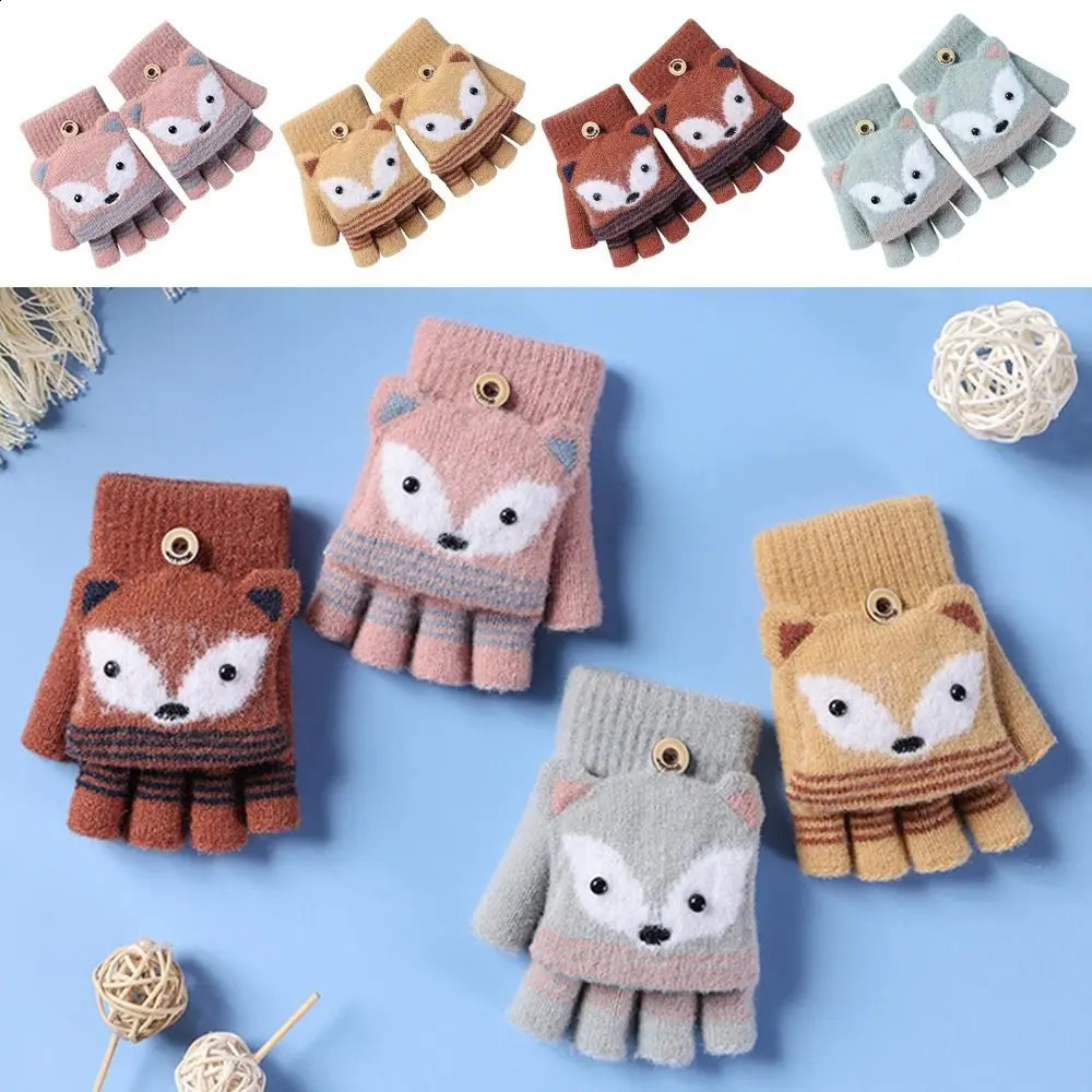 Autumn Winter Children Knitted Gloves Flip Fingerless Gloves Cute Cartoon Fox Warm HalfFinger Gloves250828