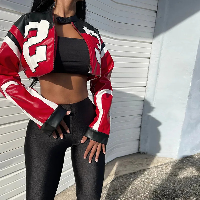 Crop Top Womens Leather Jacket Moto Biker Style Number Print Womens Jacket Fashion Outerwears Womens Moto Biker Zipper Jacket 250828