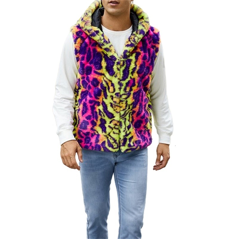 Men Vest Jacket Casual Spring Leopard Print Faux Fur Hoodie Cardigan for Fall Outwear Streetwear 250828