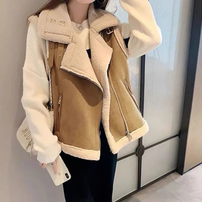 Fashion Brown Suede Lamb Hair Vest for Women with Plush Front and Back Wearing Jacket Autumn/winter Fur Integrated Vest 250828