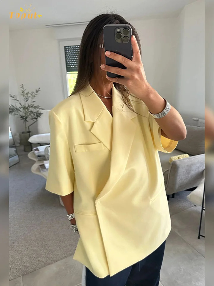 Solid Fashion Basic Thin Coat Women Lapel Short Sleeve Loose One Button Leisure Commute Blazer Summer Lady Chic Casual Outerwear250828