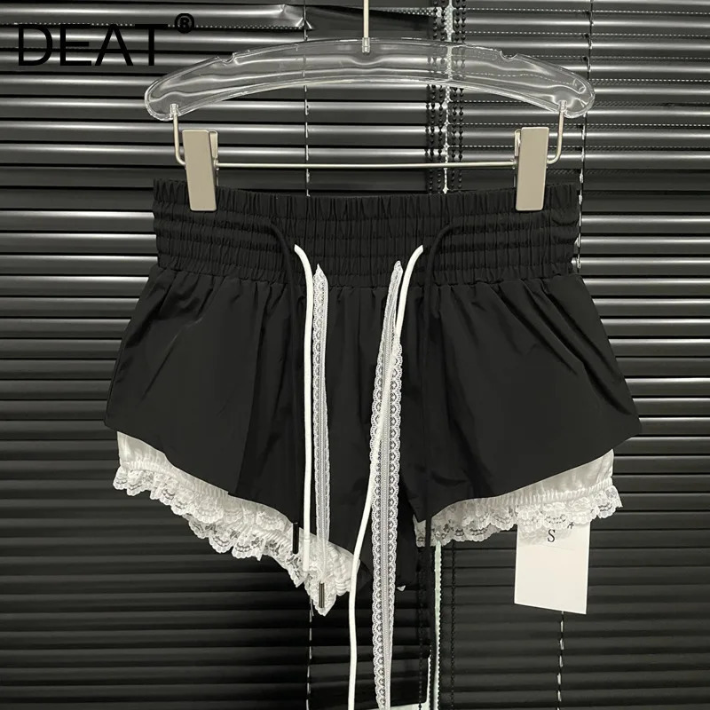 DEAT Fashion Womens Patchwork Lace Casual Shorts Niche Versatile High Elastic Waist Drawstring Short Pants 11A03883 250828