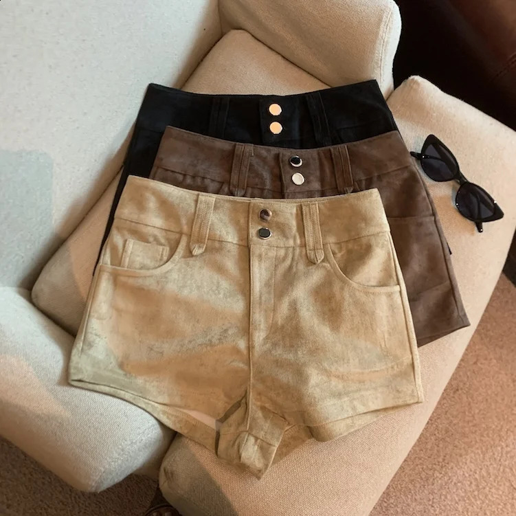 Womens Autumn Winter Two Buttons High Waist Slim Shorts Lady Streetwear Solid Color Short Pants 250828