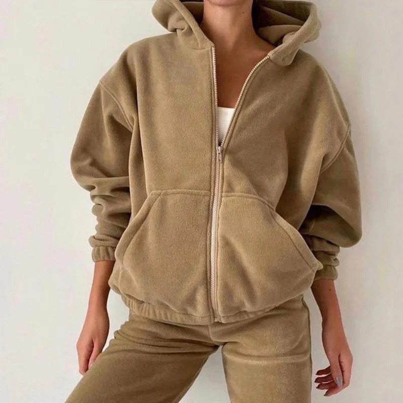 Women Tracksuit Autumn Winter Fleece Two Piece Sets Elegant Solid Oversized Warm HoodiesLong Pant Sports Suit Ensemble Femme 250828