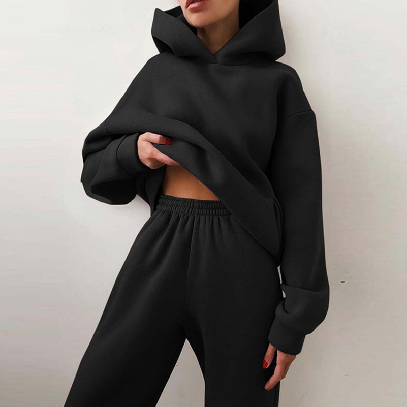 2 Pieces Set Women Fashion Leisure Autumn Winter Pure Color Fleece Hooded twopiece Sports Suits Drop LKX21660 250828