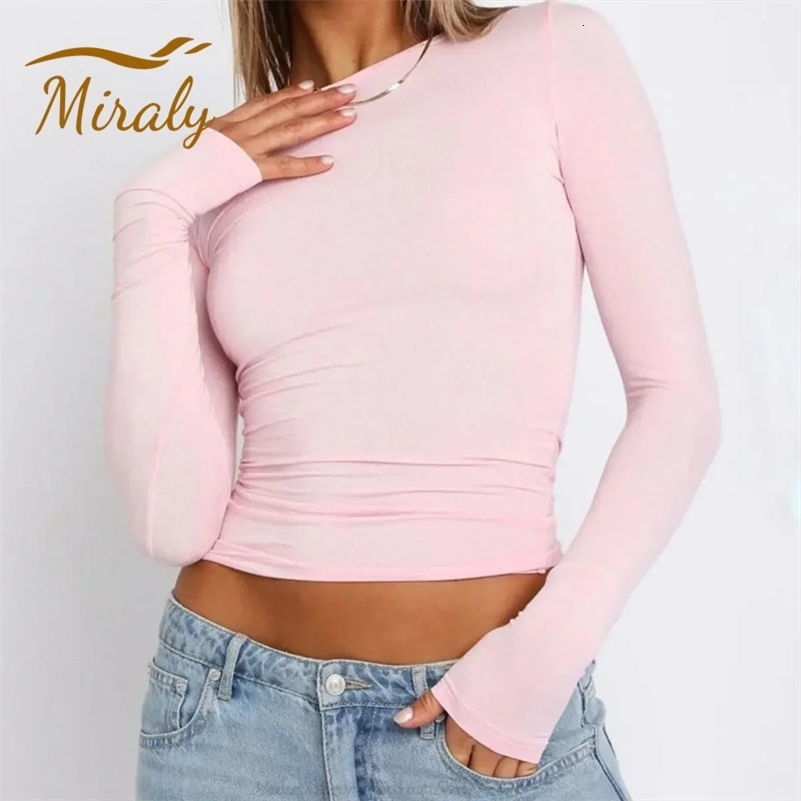 2025 Spring Autumn Women Y2K Pink TShirt Causal Long Sleeve Crop Tops O Neck Pullovers Base Tees Bodycon Slim Fit T Shirt y250828