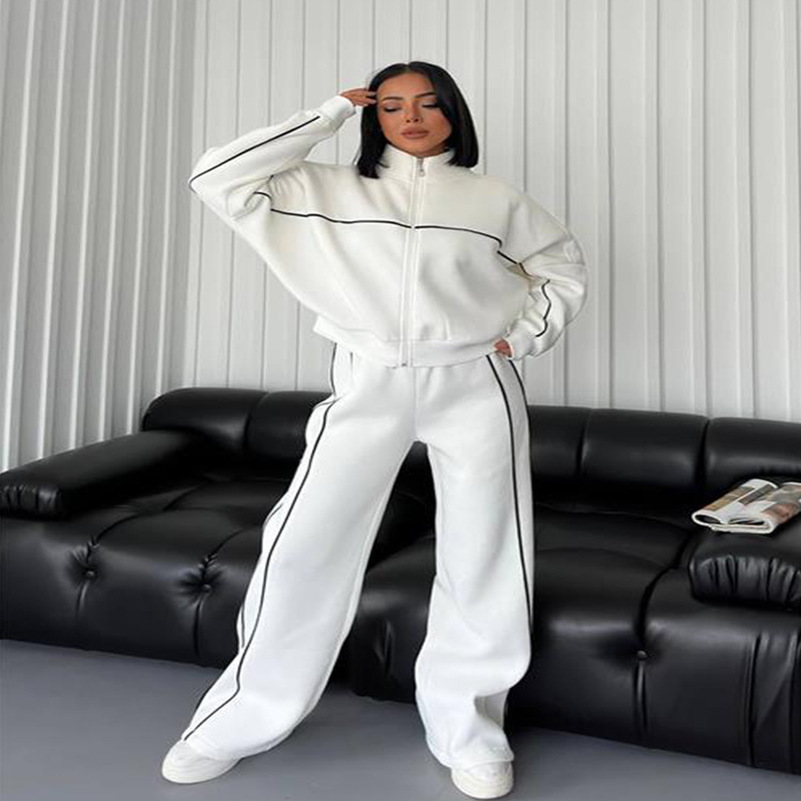 Casual Sports Suits Long Sleeved Half High Collar Cardigan Sweater Lace up Striped Pants Women Clothing Two Piece Set Tracksuit 250828