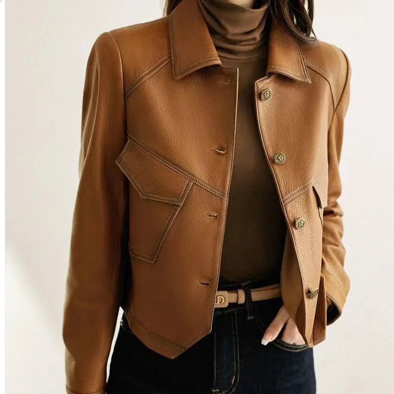 Coat Womens Fall/Winter Explosions PU Leather Jacket Ladies Western Style Short Denim Lapel Outwear Fashion Trend Tops 250828