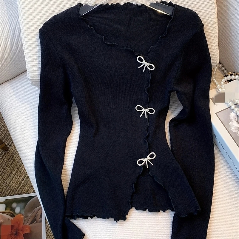 Black/White Solid Lettuce Trim Bowknot Pullover Sweater Y2K Casual Long Sleeve Sweater For Spring Fall Womens Clothing 250828