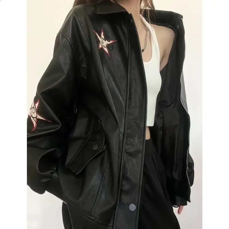 Autumn American Vintage Embroidered Leather Jacket Women Black PU Faux Fur Coat Letter Jaqueta Chaquetas Mujer 250828