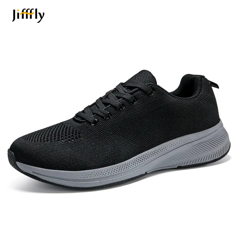 Jifffly Men's Mesh Casual Shoes, Breathable Athletic Walking Sneakers with Soft Sole - Lace-Up Round Toe, Black/Grey Patchwork, Medium Width Summer