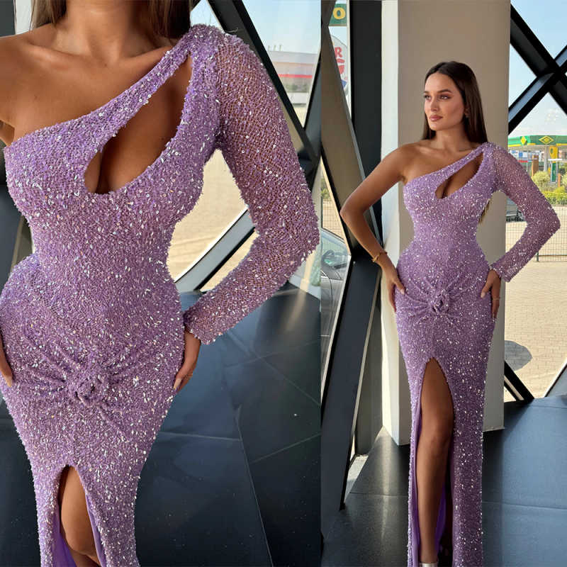 Customized Purple Long Sleeve Party Prom Dress Sexy One Shoulder Mermaid Second Reception Gowns Sequined Birthday Evening Celebrity Dress