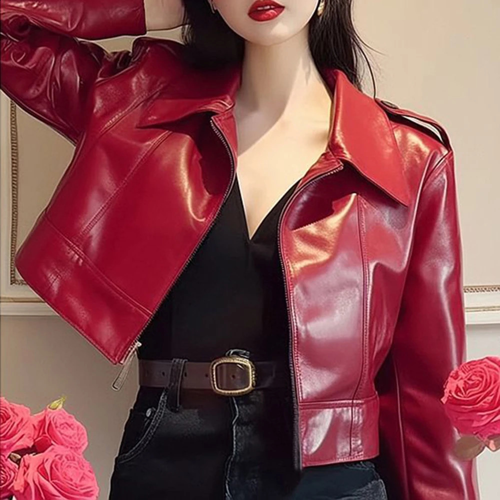 Ankela red leather jacket for womens autumn 2025 style this years top highend and goodlooking 250828