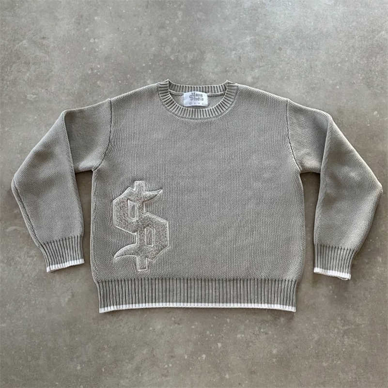 Y2K Grey Long Sleeve Sweater Dollar Gothic Embroidery Pullover Goth Retro Casual Streetwear Old Money Men Boxy Knitted Clothing 250828