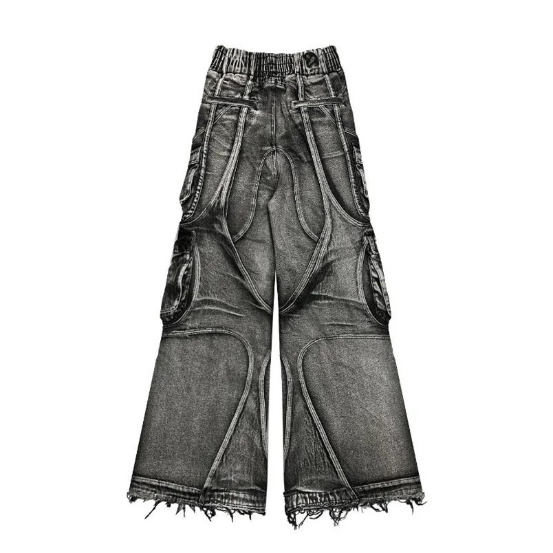 Heavy Washed Splicing Multi Pocket Loose Jeans Men Y2K American Fashion Streetwear Retro Rock Roll Highwaisted Trousers250828