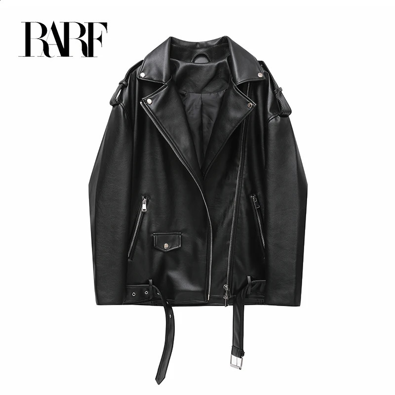 RARF Womens spring and autumn style black leather locomotive style loose jacket coat handsome pu motorcycle top 250828