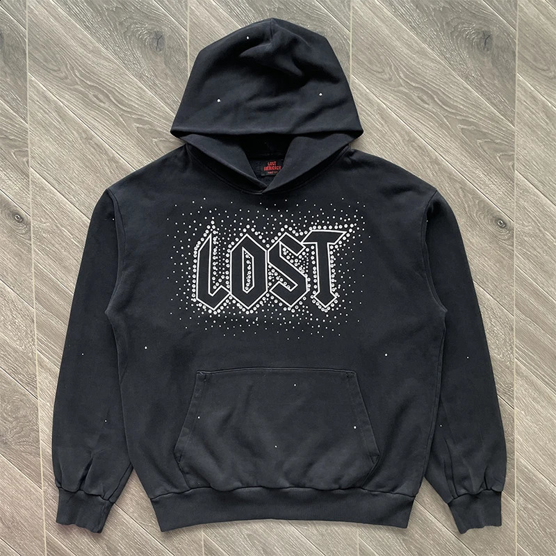 Washed Black Lost Intricacy Embroidery Diamond Hoodie Men Women Back High Quality Snake Flower Print Sweatshirts Loose Pullovers 250828