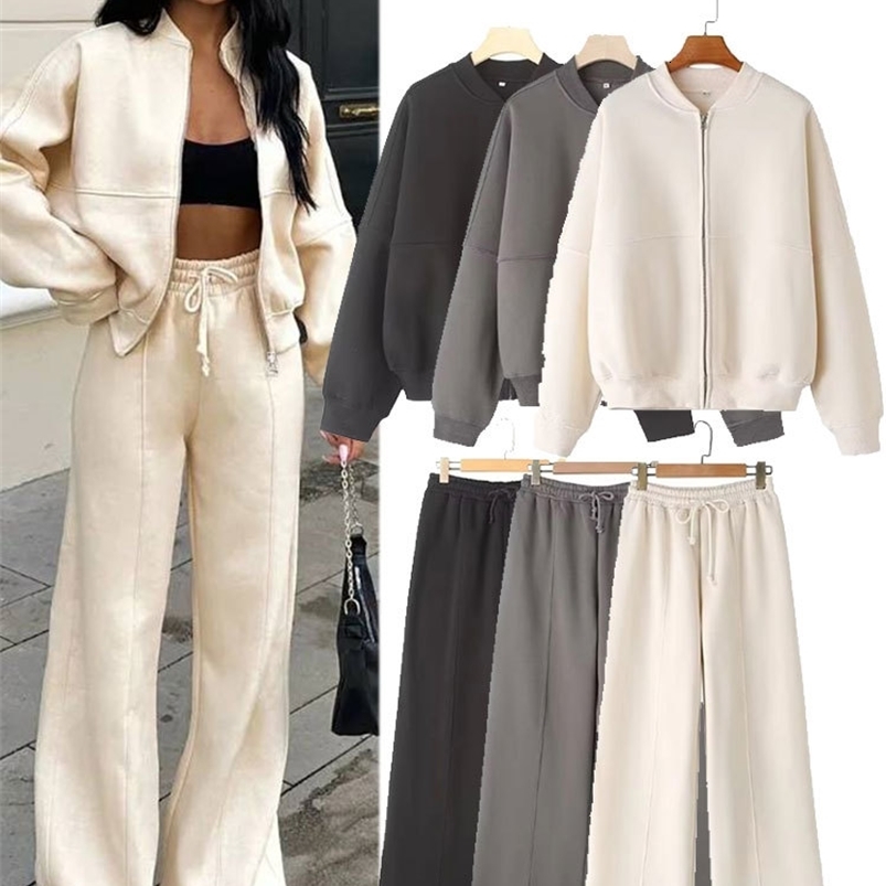 TRAFZA Womens Fall 2Piece Retro Solid Color Zip Bomber Jacket SweatshirtHigh Waist Lace Up Womens Wide Leg Pants Street Wear250828