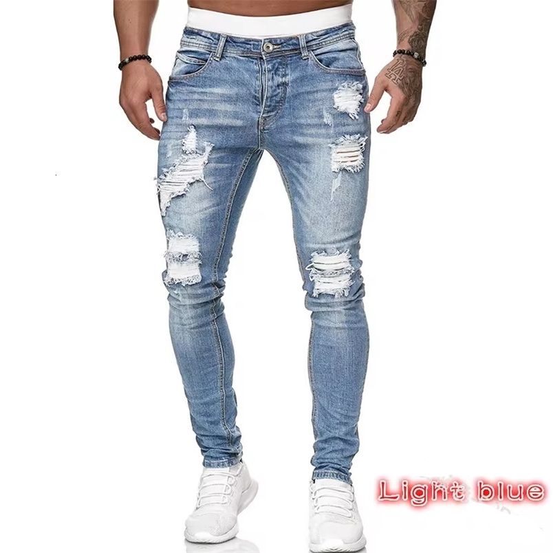 2025 ipped Mid Waist Slim Fit Men Jeans Vintage Denim Wash Solid Punk Style Skinny Pencil Pants Distressed Holes Ankle Length250828