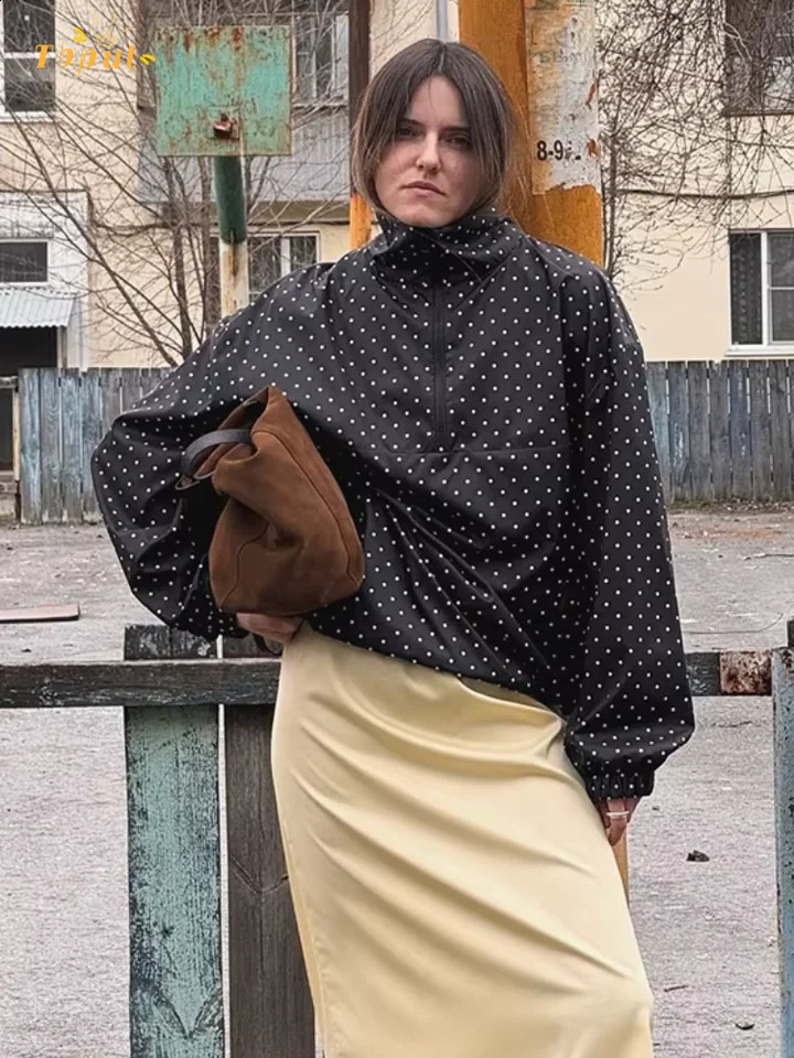 Black Polka Dot Half Zip Pullover Coat Women Loose Fit Puff Sleeves Outfit 2025 Fashion Street Daily Autumn Outerwear 2025250828