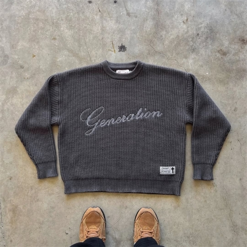 Shadow ribbed long sleeved sweater retro Matthew Gospel symbol embroidered knitted pullover British style pastor lazy casual top 250828
