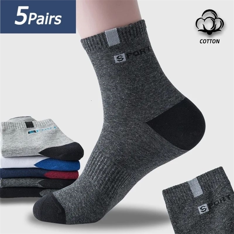 5 Pairs Cotton Sock for Men Sport Breathable Soft Letter Fashion Sneakers High Elastic Middle Tube Stocking Towel Sox Summer y250828