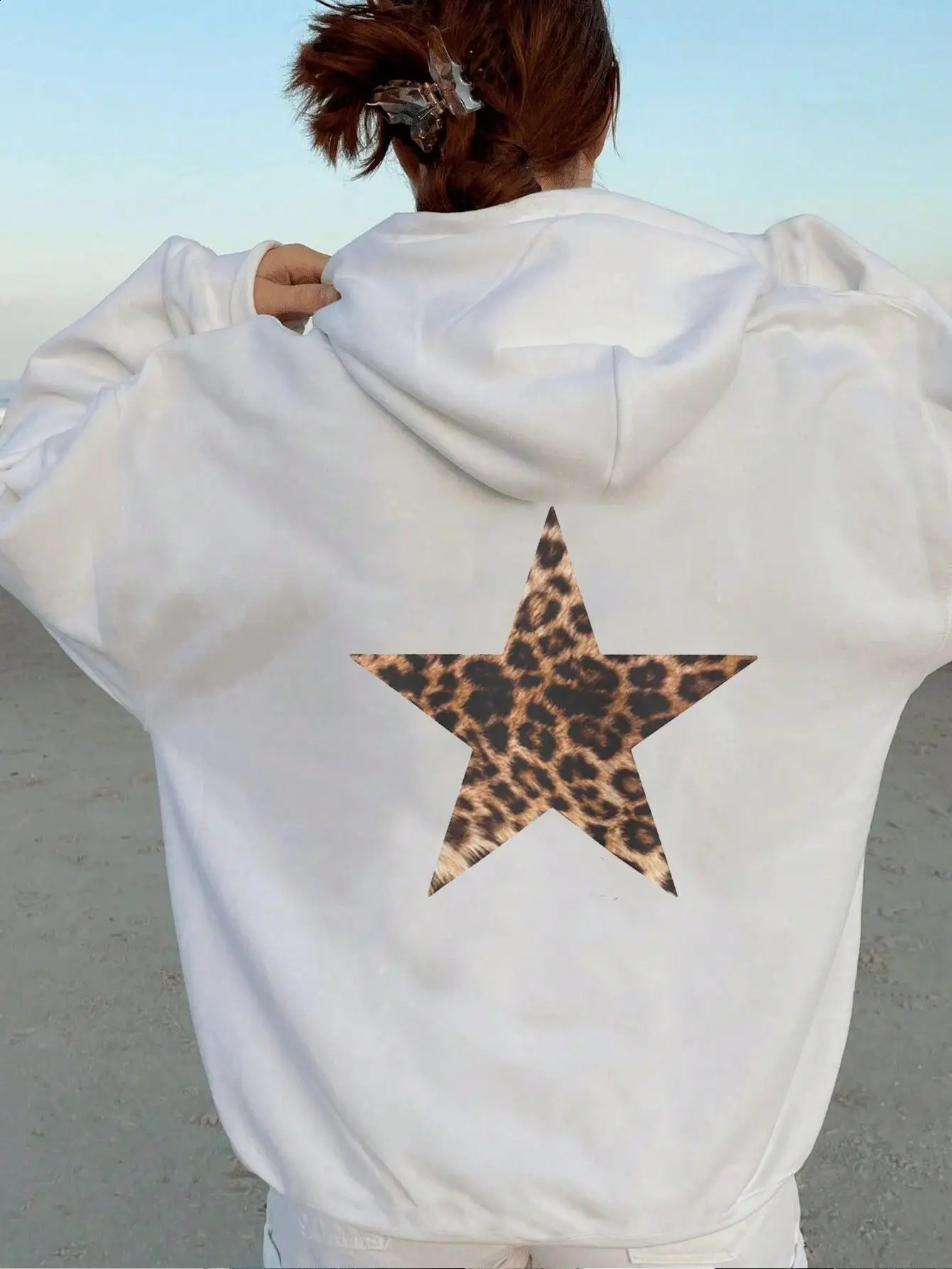 Womens fashionable leopard print star pattern casual hooded sweatshirt trendy top for women 250828