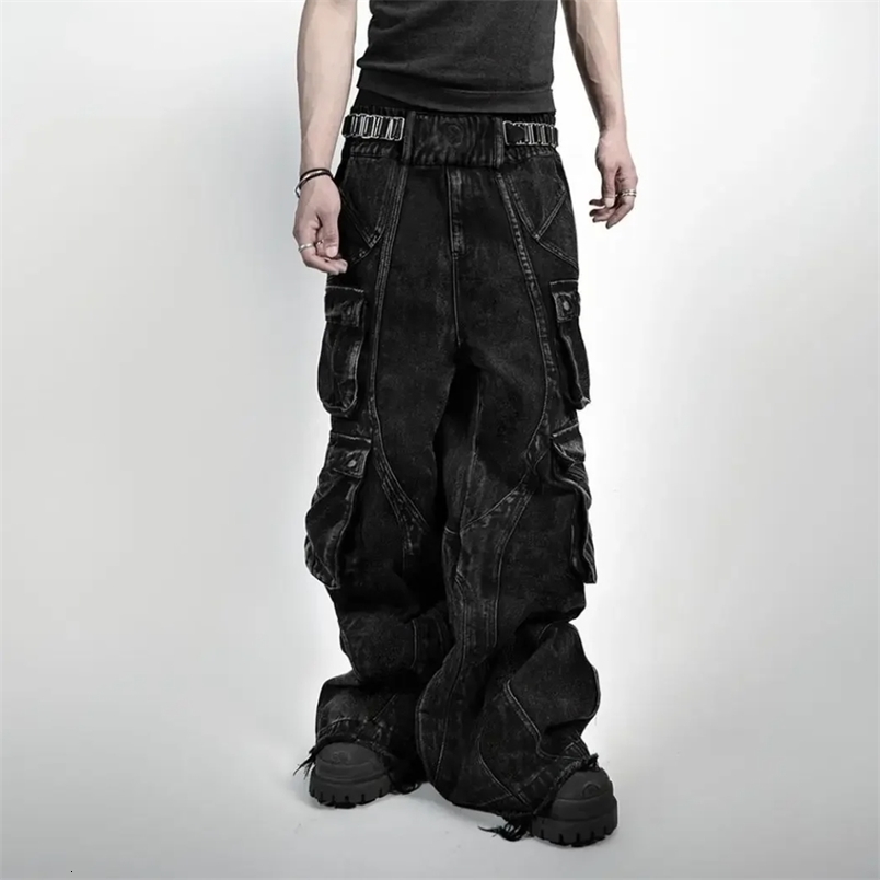 American Vintage Gothic Black Y2K Washed MultiPocket Spliced Raw Edge Jeans Mens Loose Street Trend Hip Hop Rap Wide Leg Pants250828