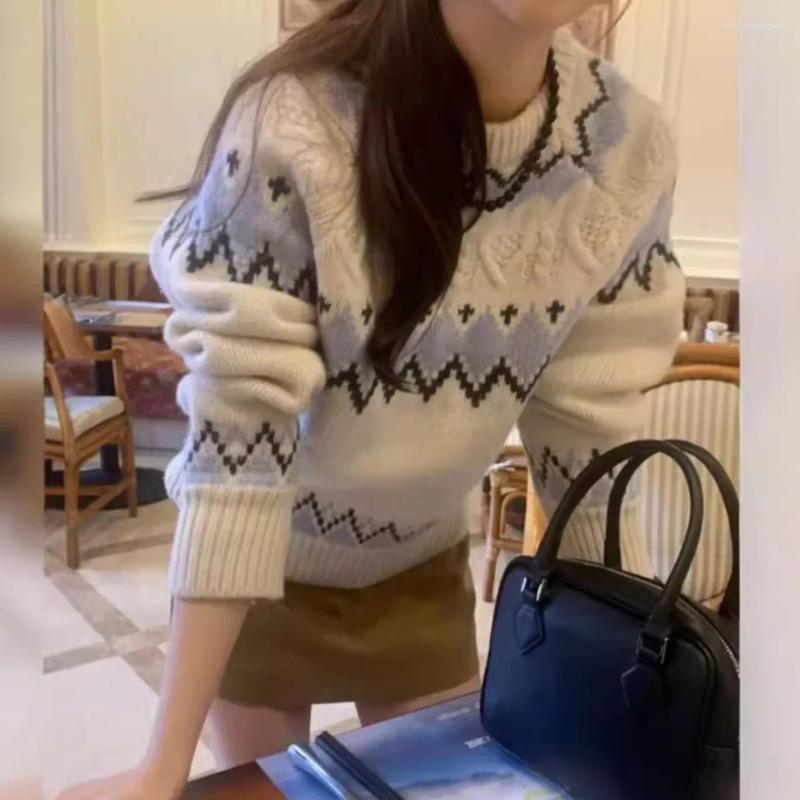 Women's Sweaters Pullovers Jumper Women Knitted Sweater Casual Striped Diamond Jacquard Long Sleeve Round Neck Loose Slight Strech 2025