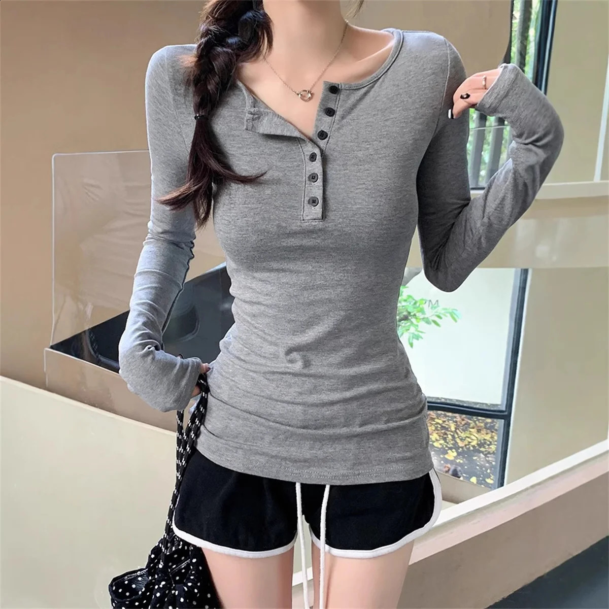 Women Fashion Slim Long Sleeve Shirts Button Solid Sexy Girl Pullover Tops Spring Fall Retro Simple Tshirt Casual Street Y2K 250828