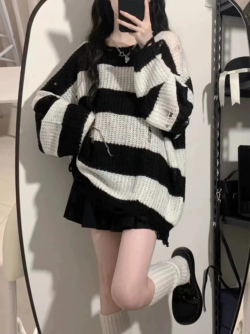 Womens Striped Knitwear Spring Autumn Loose Lazy Sle Hollow out Thin Hole n Casual Commute Long Sve Regular Fit 250828