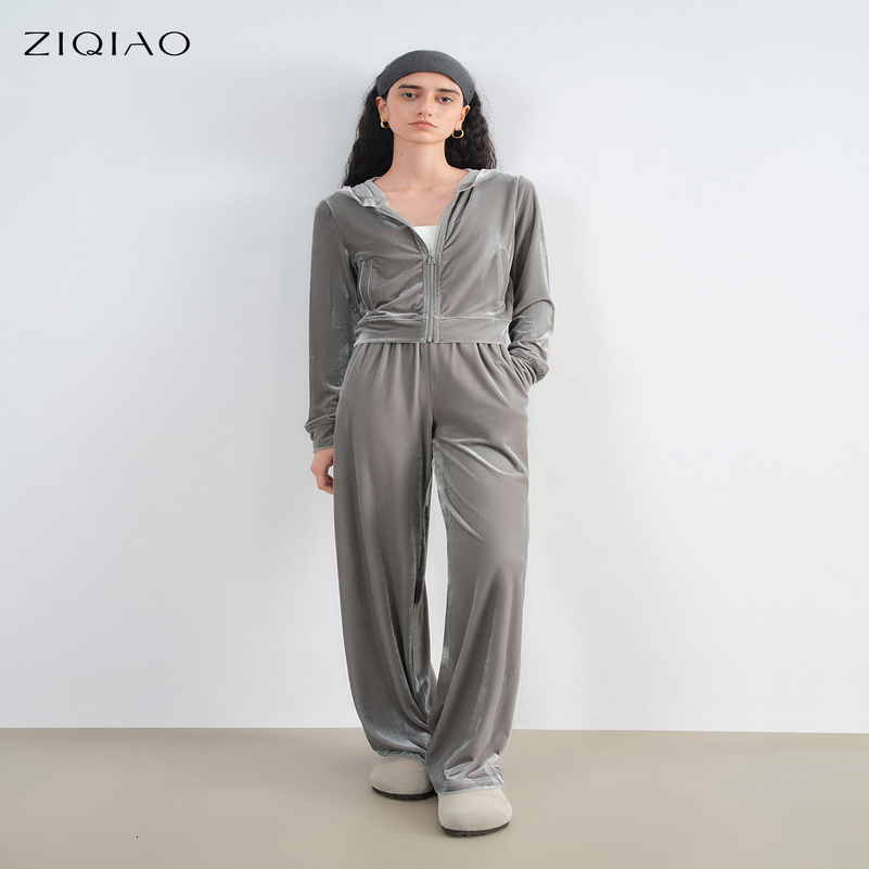 ZIQIAO Autumn Womens Velvet Tracksuit Set Vintage Inspired Hoodie Lounge Pants Casual Two Piece Outfit 250828