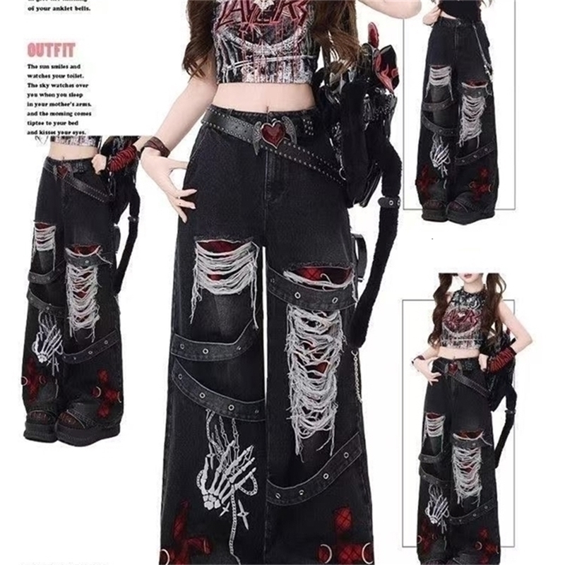 Y2K Red Gothic HipHop Hole Vintage Jeans Girl High Street Trend American Baggy Wash Overall Belt Splicing Woman Wideleg Pants250828