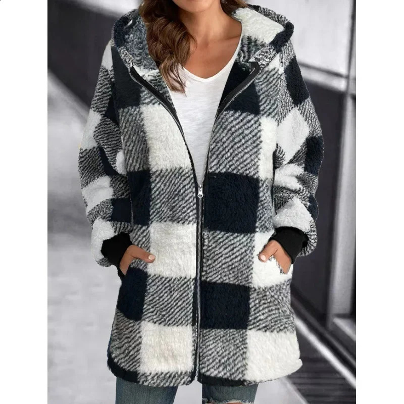Plush Womens Jacket Of The Season Long Sleeve Plaid Hooded Zipper with Pocket Loose Outerwear Punk Style Casual Co250828