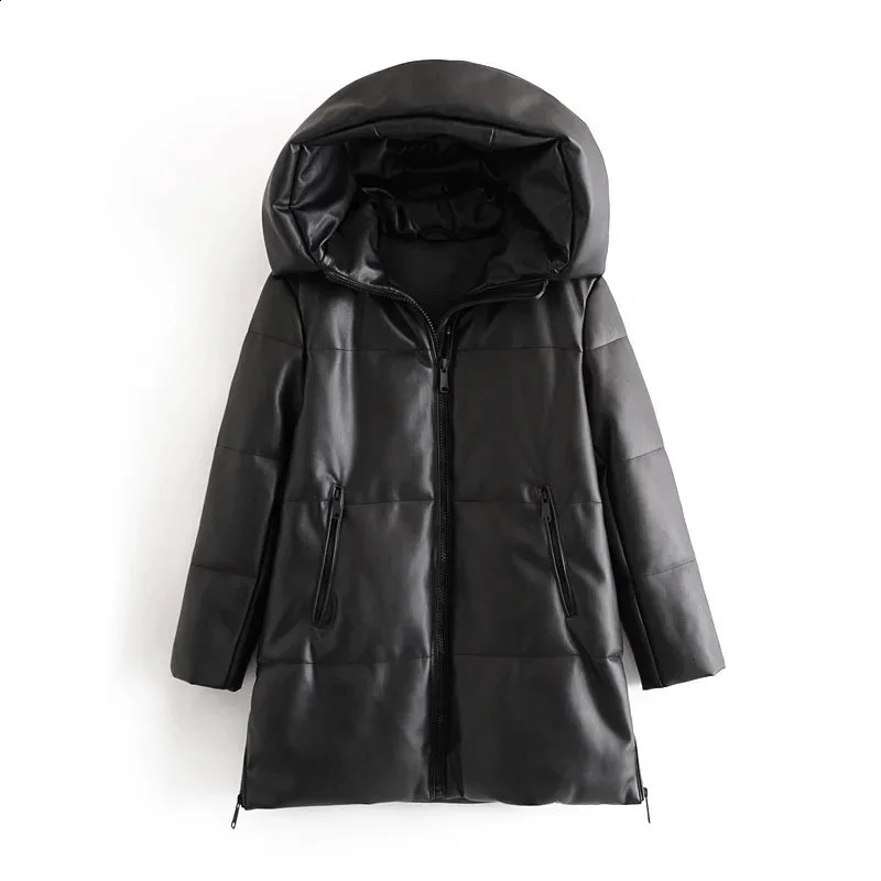 Winter Leather Hooded Cotton Jacket PU Leather Womens Loose Zipper Coat Casual Warm MidLength Coat 250828