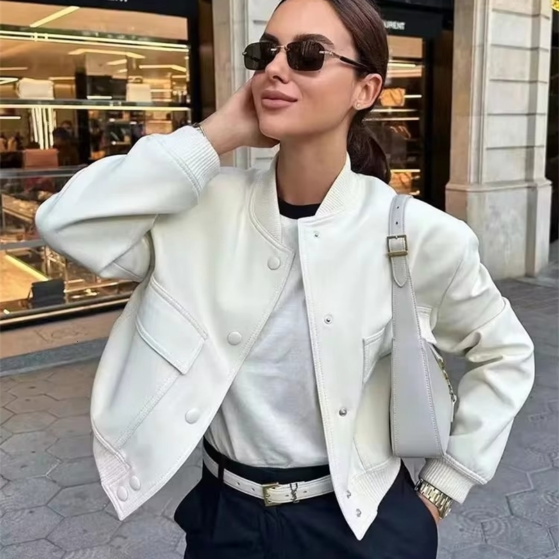 TRAFZA 2024 Women Elegant White Coat Long Sleeve Button Bomber Jacket Fashion Woman Casual Solid Office Lady Y2K Outerwear250828