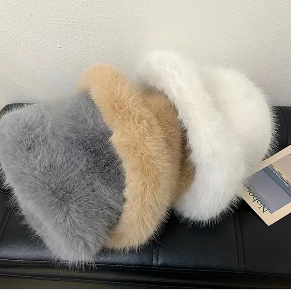 Fluffy Fur Fisherman Hat For Women Plush Bucket Hat Faux Mink Fur Thick Warm Winter Hat Windproof Russian Hat Snow Ski CapBonnet 250821
