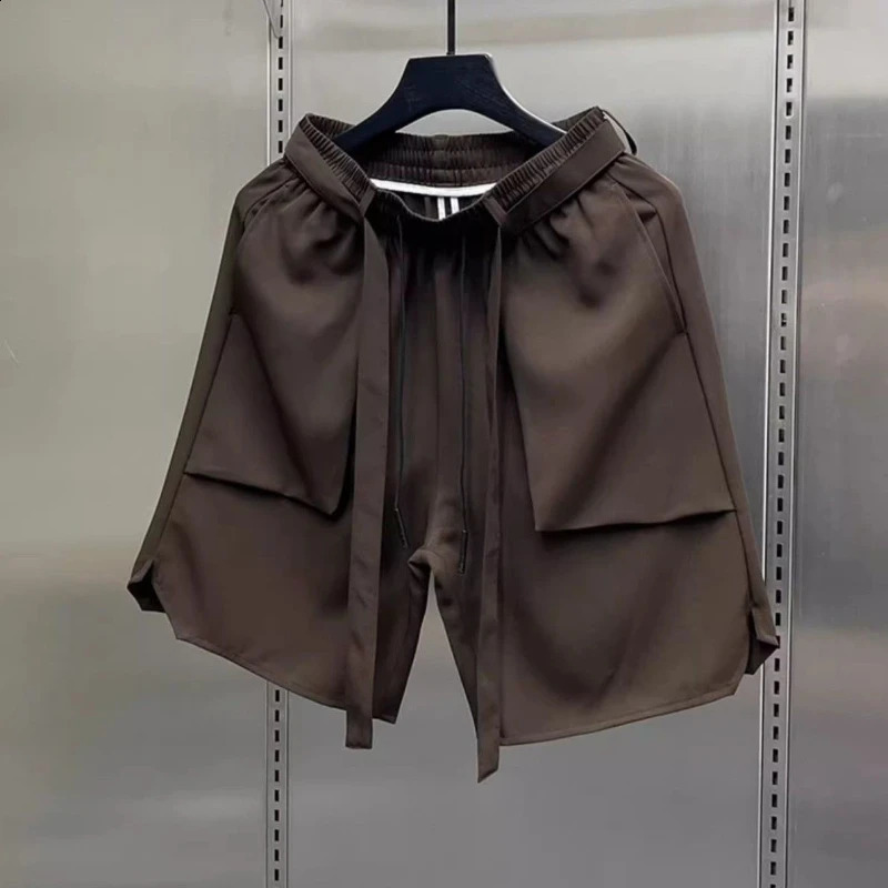 Mens Summer Pure Color Coffee Drawstring Casual Ice Silk Lightweight Breathable Loose Fit Trendy Straight 5 Inch Shorts 250828