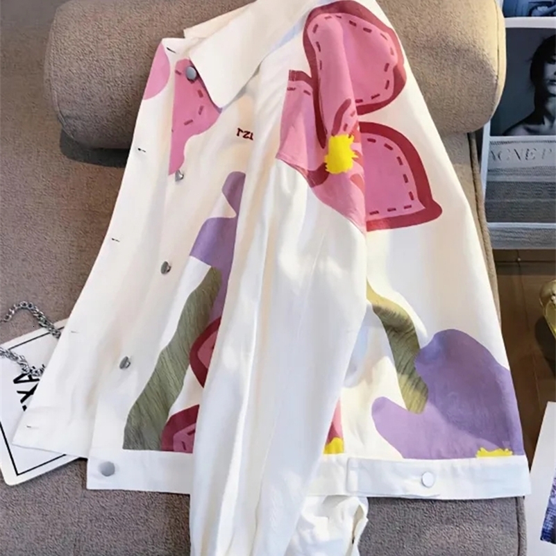 Jmprs Harajuku Women Denim Jacket Loose Bf Print Floral ned Jeans Coats Spring White Y2K Female Outwear 250828