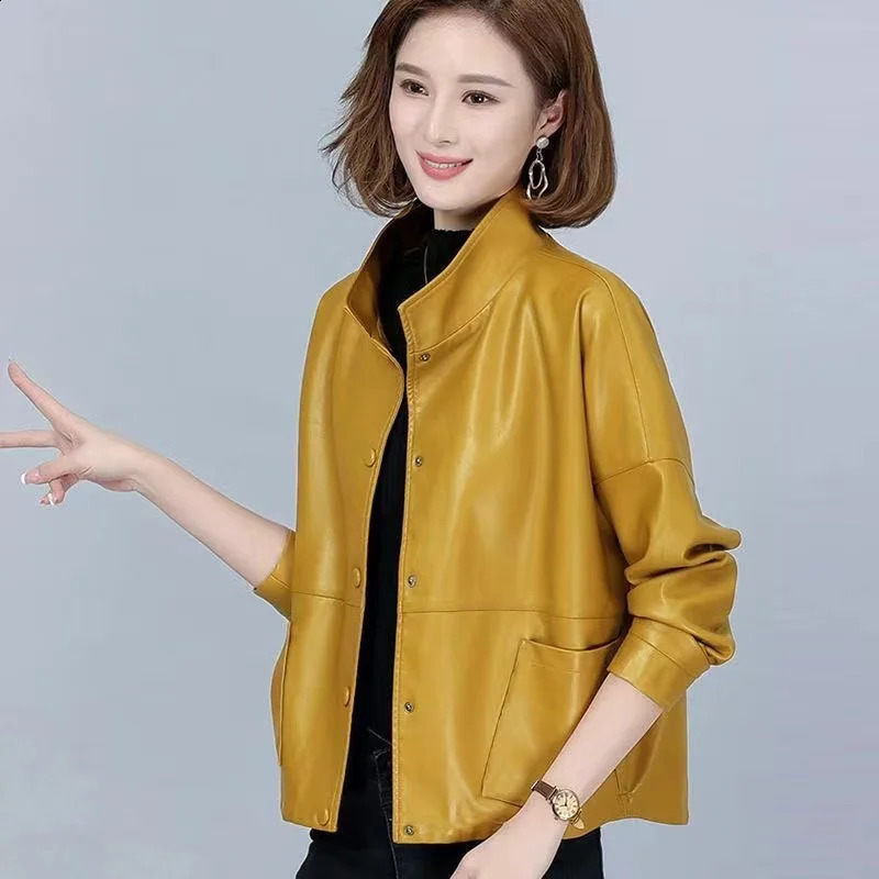 HighQuality PU Leather Jacket Womens Spring Autumn Coat Short Korean Outwear Sheepskin Loose Ladies Tops 250828